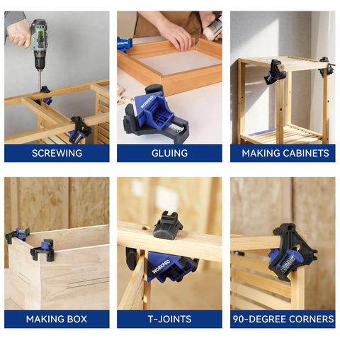 90 Degree Corner Clamps For Woodworking, Set Of 4 Adjustable Spring Loaded One Hand Clamps For Framing, Cabinets, And Projects, Durable ABS Construction For Tight Corners And Joints used for screwing, gluing, making cabinets, and other tasks.