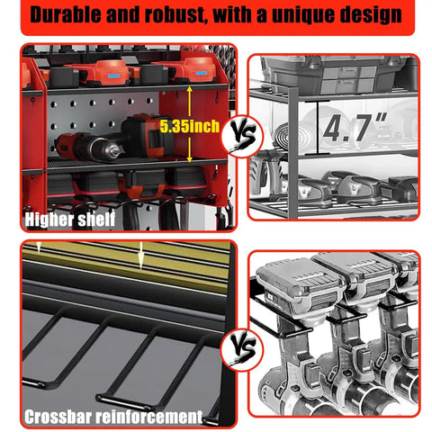 Heavy Duty Wall Mount Power Tool Organizer With Three Shelves And Cordless Drill Storage Metal Tool Rack For Garage Holds Batteries Hand Tools And Even A Charging Station