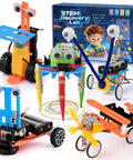 Hands-On Robot Building Kit for Kids Ages 6 to 13 with five colorful robots and packaging, STEM learning set for DIY engineering projects.