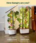Two vertical hydroponics garden systems with grow lights, displaying lush herbs and vegetables, suitable for indoor growing