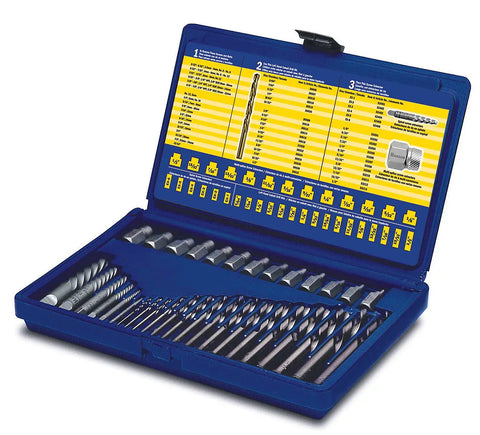 Left Handed Screw Extractor And Drill Bit Set, 35 Piece, in blue case with etched size guide for broken studs, bolts, and screws.