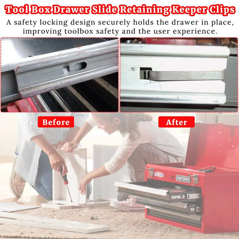 12 Pack Tool Box Drawer Slide Retaining Clips Heavy Duty 2 Inch Double Loop Pull Out Stop Style in use before and after