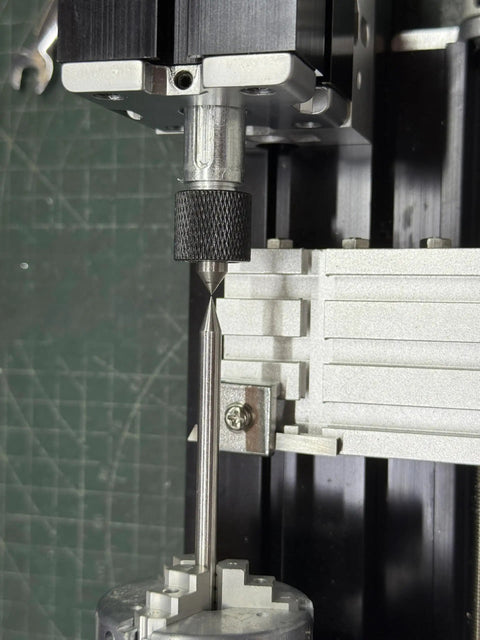 Close-up of the precision tool holder on EssSthmy 60W Mini Metal Lathe 12000 RPM Desktop Woodworking Tool.