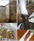 Must Have Brass Knife Handle Rivet Kit For Kitchen Knives 9 Pairs Five Sixteenths By One Half Inch Brass Fixing Pins in use on wooden handles.