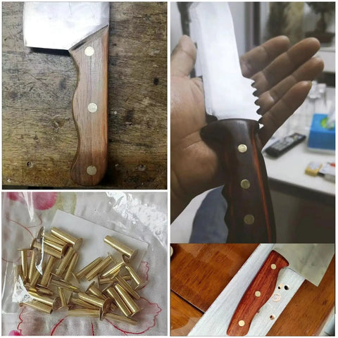 Must Have Brass Knife Handle Rivet Kit For Kitchen Knives 9 Pairs Five Sixteenths By One Half Inch Brass Fixing Pins in use on wooden handles.