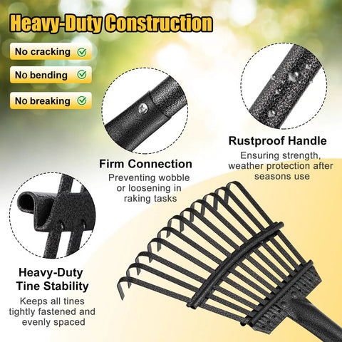 Heavy Duty Metal Garden Rake With Eleven Steel Tines Eight Point Five Inch Wide Head And Sixty Inch Long Handle detailed features