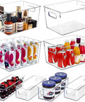 Set Of 8 Clear Stackable Plastic Storage Bins With Four Large And Four Small Containers For Pantry Kitchen Refrigerator Cabinet Organization with assorted contents.