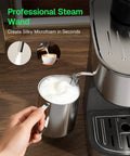 Professional steam wand of compact espresso machine with milk frother for home and office, 3.5 bar cappuccino and latte maker.
