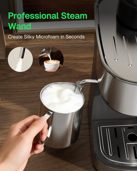 Professional steam wand of compact espresso machine with milk frother for home and office, 3.5 bar cappuccino and latte maker.