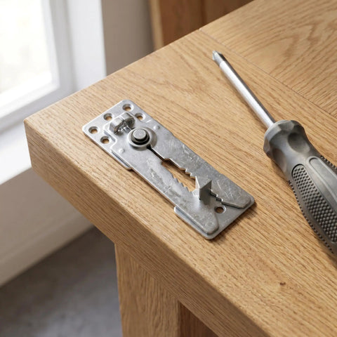 Heavy Duty Stainless Steel Sectional Couch Connectors With Rock Solid Grip And Anti Slip Design on wooden surface with screwdriver.