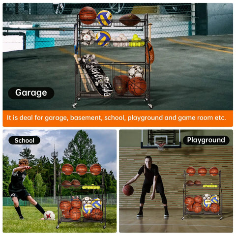 Heavy Duty Garage Sport Organizer With Steel Basketball Rack Baseball Bat Holder And Hooks Easy Assembly Storage