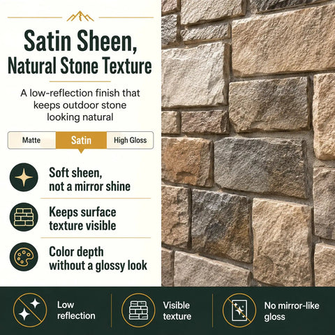 Top-Shelf Satin Stone Sealer and Color Enhancer Amps Up Tones on Porous Pavers and Rock with a Natural Low-Gloss Sheen for a Rich Glow Up while Shielding Surfaces from Weather Damage in One Gallon Bulk, showing a satin sheen on natural stone texture.