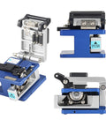 Blue and silver FTTH fiber tool kit with fiber cleaver and stripping tool.