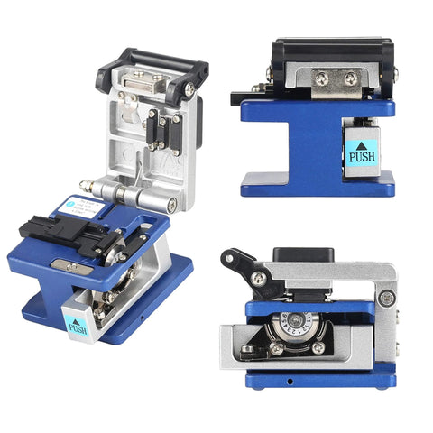 Blue and silver FTTH fiber tool kit with fiber cleaver and stripping tool.