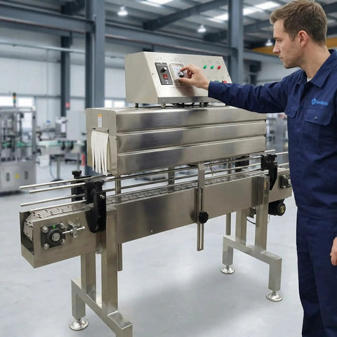 AOXHUGB Heat Shrink Tunnel Machine 4.0 Inch Diameter For Bottle Labeling PVC and POF Film, adjustable speed control in action.