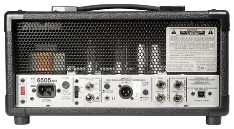 Back view of 6505 Mini Guitar Amplifier Head 20W With 2 EL84 Power Tubes, various input/output ports, and metal frame.