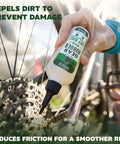 Hand applying Plant Powered Bike Chain Lubricant 3.2 Oz Pack Of 1, Eco Friendly No Teflon No Petroleum No PTFE to bicycle chain