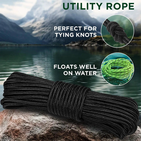 Rugged All Purpose Rope One Quarter Inch And Three Eighths Inch Diamond Braided Polypropylene Nylon Cord for outdoor use.