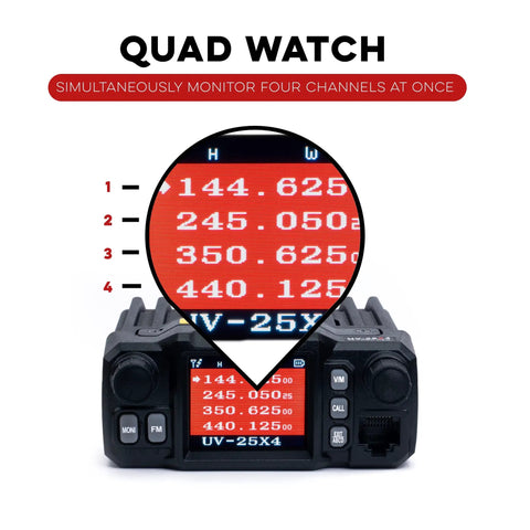 UV 25X4 Second Gen Mini Mobile 25 Watt Tri Band Base Station Radio displaying quad watch frequency screen