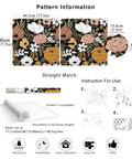 Pattern details of Black Vintage Floral Peel And Stick Wallpaper With Daisy Flowers And Olive Green Leaves For Powder Rooms And Moody Accent Walls Removable Vinyl Contact Paper 17.7in By 32.8ft with installation instructions.