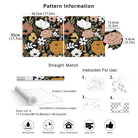 Pattern details of Black Vintage Floral Peel And Stick Wallpaper With Daisy Flowers And Olive Green Leaves For Powder Rooms And Moody Accent Walls Removable Vinyl Contact Paper 17.7in By 32.8ft with installation instructions.