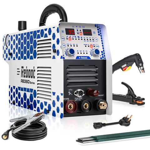 Beast 130 Amp Plasma Cutter And Welder Combo With Dual Voltage 120V 240V for your garage, shown with accessories, blue design.