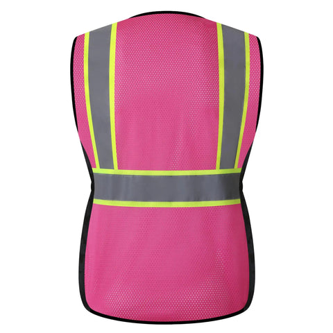 Women High Visibility Safety Vest Packing Nine Multi Pockets Sewn From Cool Breathable Mesh With Glowing Reflective Strips For Tough Job Sites Or Dusk Runs Built Different In Dope Rainbow Pink To Keep You Comfortable - back view.