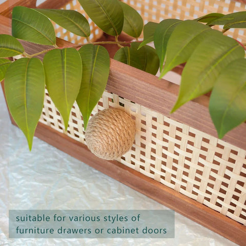 Chill Cozy Boho Rustic Jute Rope Cabinet Knobs Set For Dresser Drawers Nautical Style Wood Knob attached to wicker panel
