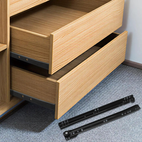 Pair Of Sturdy Iron Drawer Slides With Smooth Sliding And Rock Solid Stability For Bottom Mount Drawers shown with wooden drawers