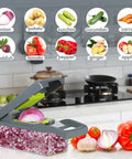 All In One Vegetable Chopper And Mandoline Slicer Set 14 In 1 with diced onions and 10 Sharp Blades on a kitchen counter