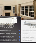 Heavy Duty Ceiling Curtain Track Set With Ceiling And Wall Mounts, visible installation, aluminum rail system in living room.