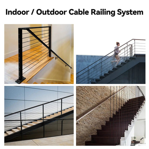Indoor and outdoor settings of 1/8 Inch Black Stainless Steel Cable Railing Wire, 150 Ft Long, 7x7 Strand, Rustproof And Flexible