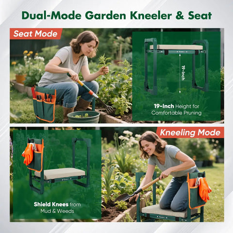 Garden Kneeler And Seat For Easy Potting, Weeding And Outdoor Tasks, Heavy Duty Foldable Stool With 10 Inch Thick Pad shown in use