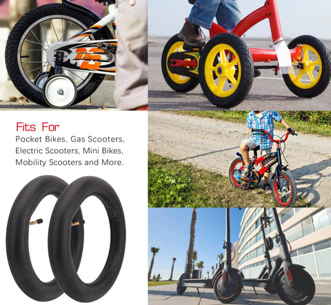 Collage of scooters and bikes with Two Pack 12.5x2.25 Inner Tubes Fits 12 To 12.5 Inch Tires For Pocket Bikes, Gas Scooters shown.