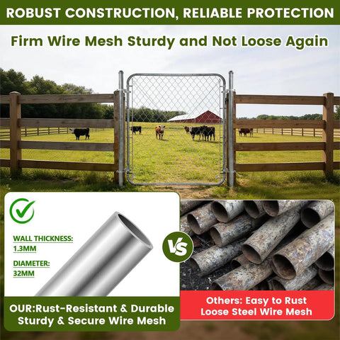 Built Tough Adjustable Chain Link Fence Gate With Posts 48 Inch High 24 To 72 Inch Wide Galvanized Outdoor Fence Kit installed on farm