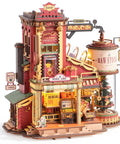 3D Puzzle For Adults Dope Dream Factory Gift Kit showing luminous wooden model with music lights, busy production line, and five elves.