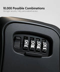 Close-up of Heavy-Duty Key Lock Box Wall Mount with 4-Digit Combination, black metal, showing number dials for security settings.