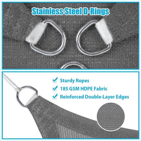 Close-up of reinforced stainless D-rings and 185 GSM HDPE fabric on Rectangle Shade Sail 12x20 Foot Dark Gray Outdoor Sun Shade Canopy.