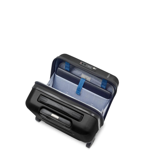 Cruise 3.0 Hardside Underseater Carry On Luggage with Two Inline Wheels open showing interior, black polycarbonate shell