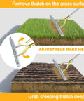Dethatching Rake For Lawn Care, 15 Inch Wide Thatch Rake With Stainless Steel Tines, Adjustable Handle shown removing thatch