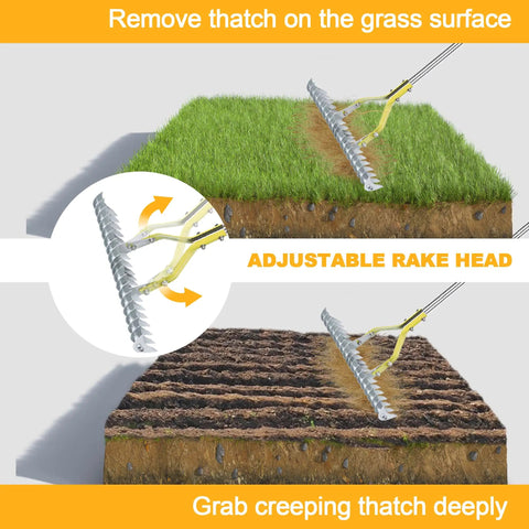 Dethatching Rake For Lawn Care, 15 Inch Wide Thatch Rake With Stainless Steel Tines, Adjustable Handle shown removing thatch