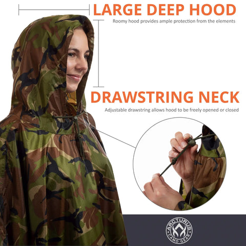Ultra Lightweight Ripstop Nylon Rain Poncho With Adjustable Hood Camouflage Pattern featuring large hood and drawstring neck detail.