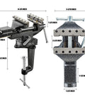 Do-It-All Bench Vise For Woodworking With 3.3 Inch Jaw, 360 Degree Swivel Clamps, Grooved Fixture Jaw, front and side view