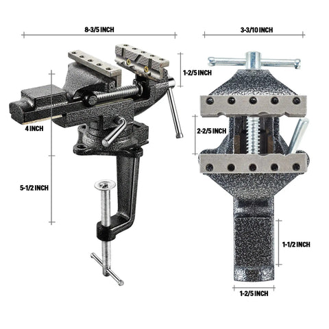 Do-It-All Bench Vise For Woodworking With 3.3 Inch Jaw, 360 Degree Swivel Clamps, Grooved Fixture Jaw, front and side view