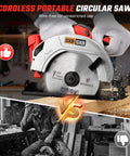 Badass Seven Inch Brushless Cordless Circular Saw Runs Smooth As Glass At Eight Thousand Rpm cutting wood, showcasing its cordless benefits.