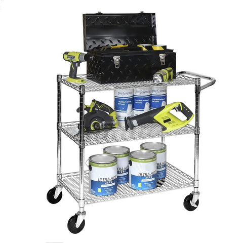 Heavy Duty Metal Rolling Utility Cart With 3 Adjustable Steel Shelves And Handy Handle Bar, NSF Commercial Grade, 500 Lb Capacity, Perfect For Restaurant, Garage, Warehouse, Kitchen, Or Office, 36 Inch Wide, with tools