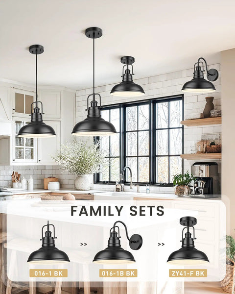 Farmhouse kitchen with matte black pendant lights and semi flush mount ceiling light, showing family sets for interior design.