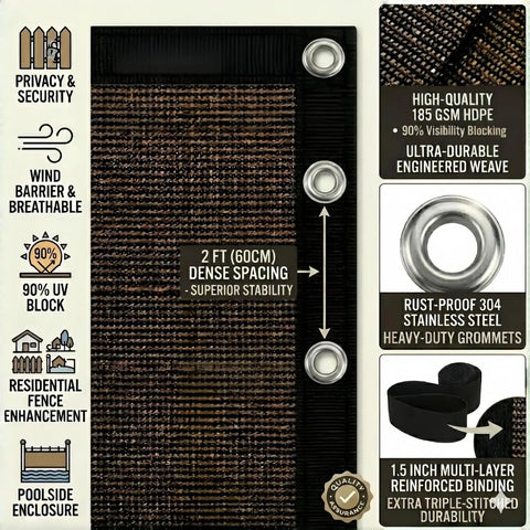 Heavy Duty Sun Shade Cloth For Pergola And Patio 3 By 6 Ft 90 Percent UV Block With 185GSM HDPE Weave Wind Resistant Tarp With Stainless Steel Grommets Privacy Screen For Outdoor Deck Backyard showing material, grommets, and features.