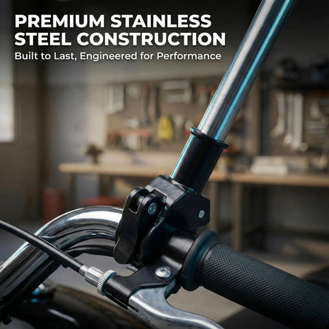 Close-up of Sturdy Stainless Steel Flag Pole Mount for Motorcycles and Bicycles with telescopic bracket on handlebar.