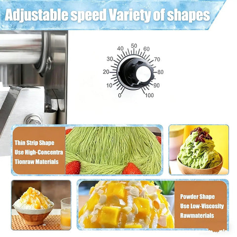 Heavy Duty Electric Ice Shaver Machine Crushing Blocks For Fluffy Snowflake Ice With Smart Air Cooling Setup Made For Food Trucks Milk Tea Shops And Patio Hangouts 750W Heavy Hitter adjustable speed dial for ice texture variations.